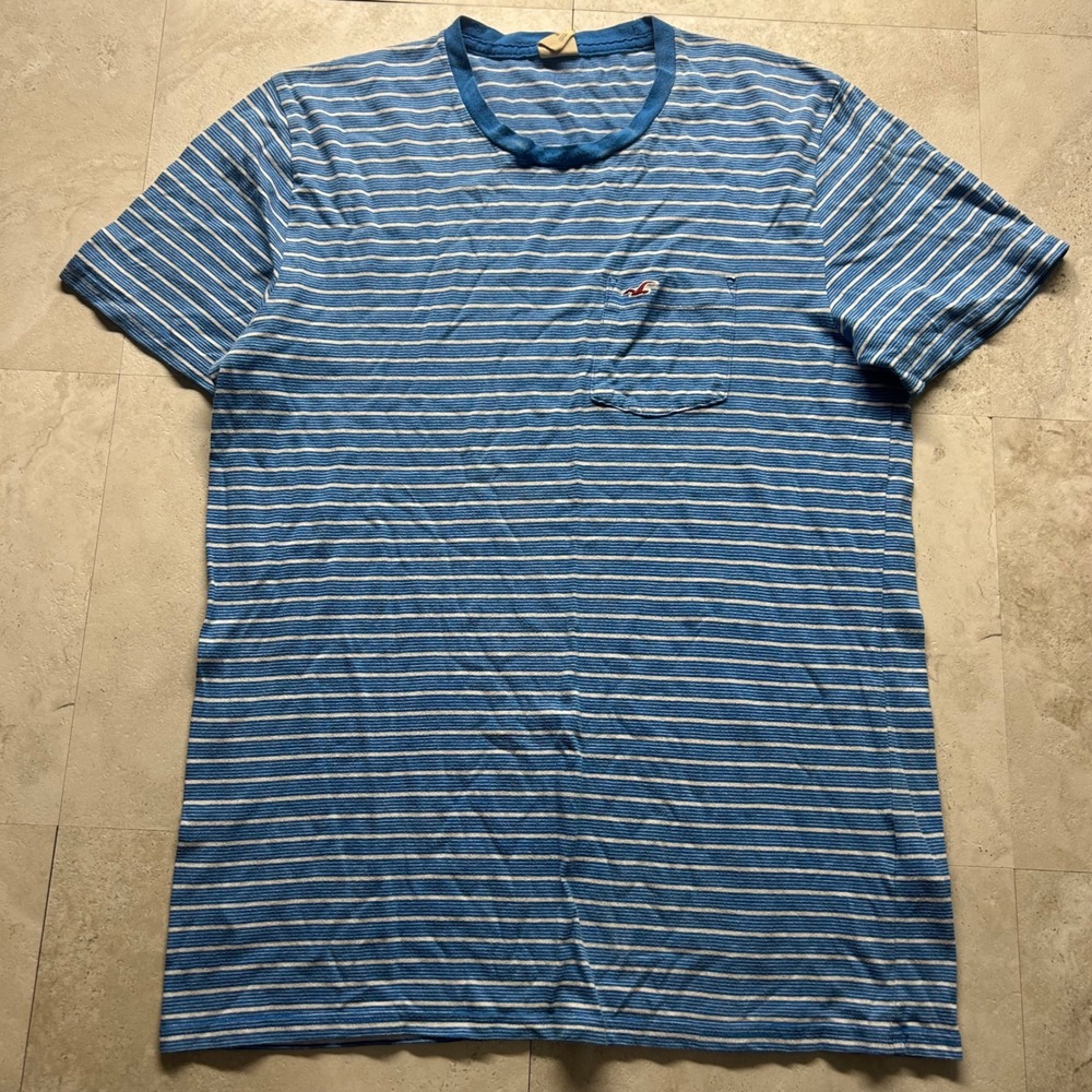 Hollister Striped Pocket T-Shirt Blue White Mens Size M Short Sleeve Tee